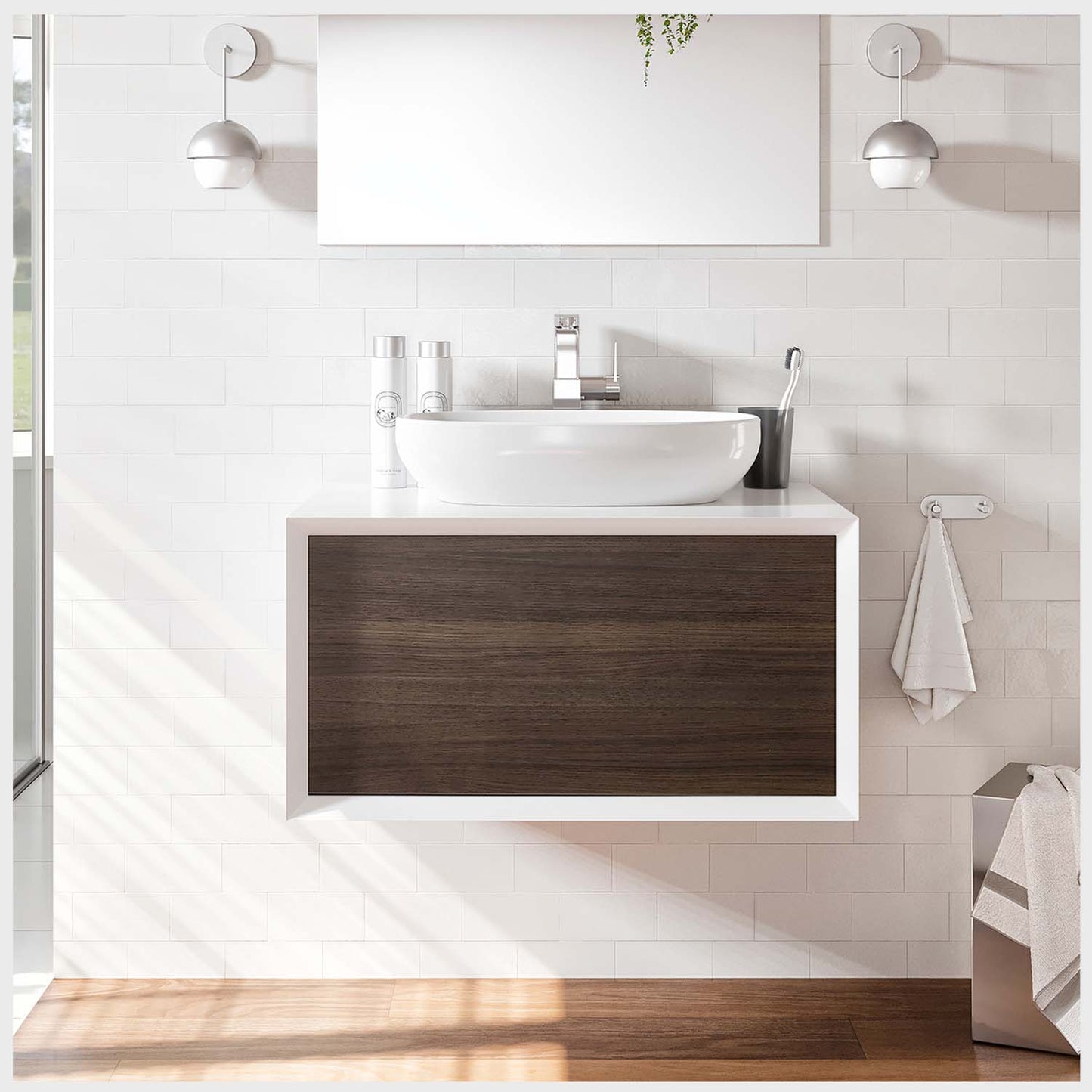 Santa Monica 30"W x 22"D Wall Mount Bathroom Vanity with Solid Surface Countertop and Vessel Solid Surface Sink