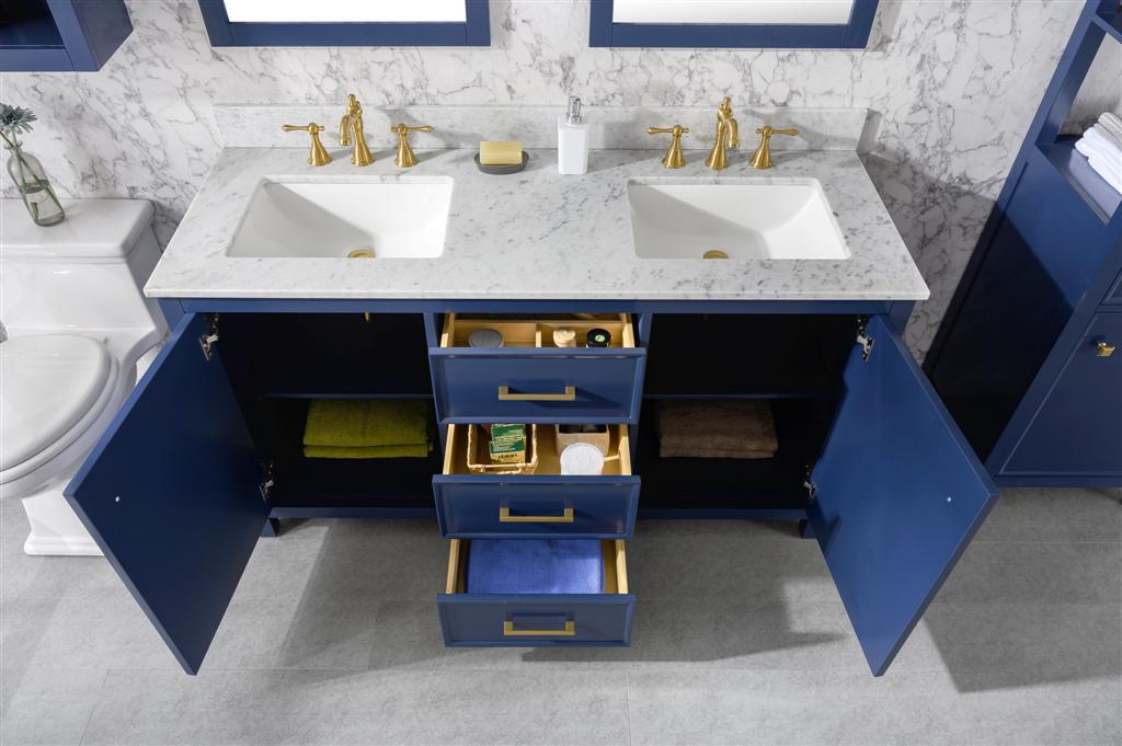 60" Double Sink Vanity Cabinet with Carrara White Marble or Blue Limestone Countertop