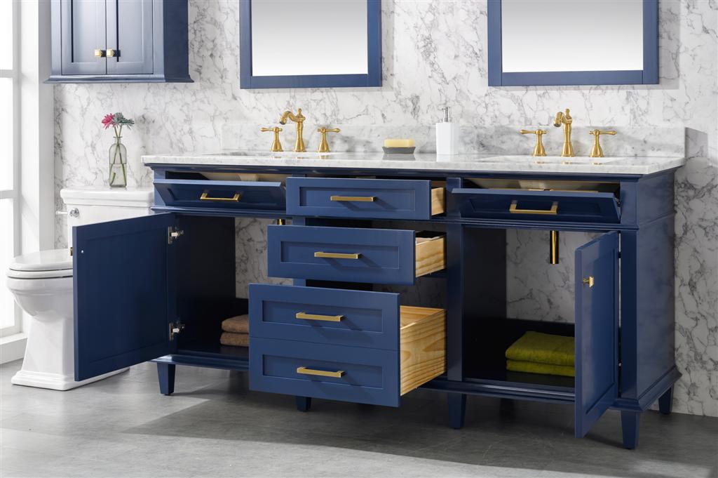 72" Double Sink Vanity Cabinet with Carrara White Marble or Blue Limestone Countertop