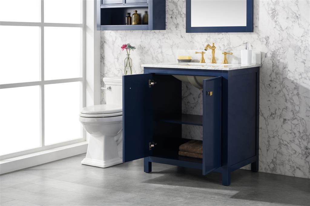 30" Single Sink Vanity Cabinet with Carrara White Marble or Blue Limestone Countertop