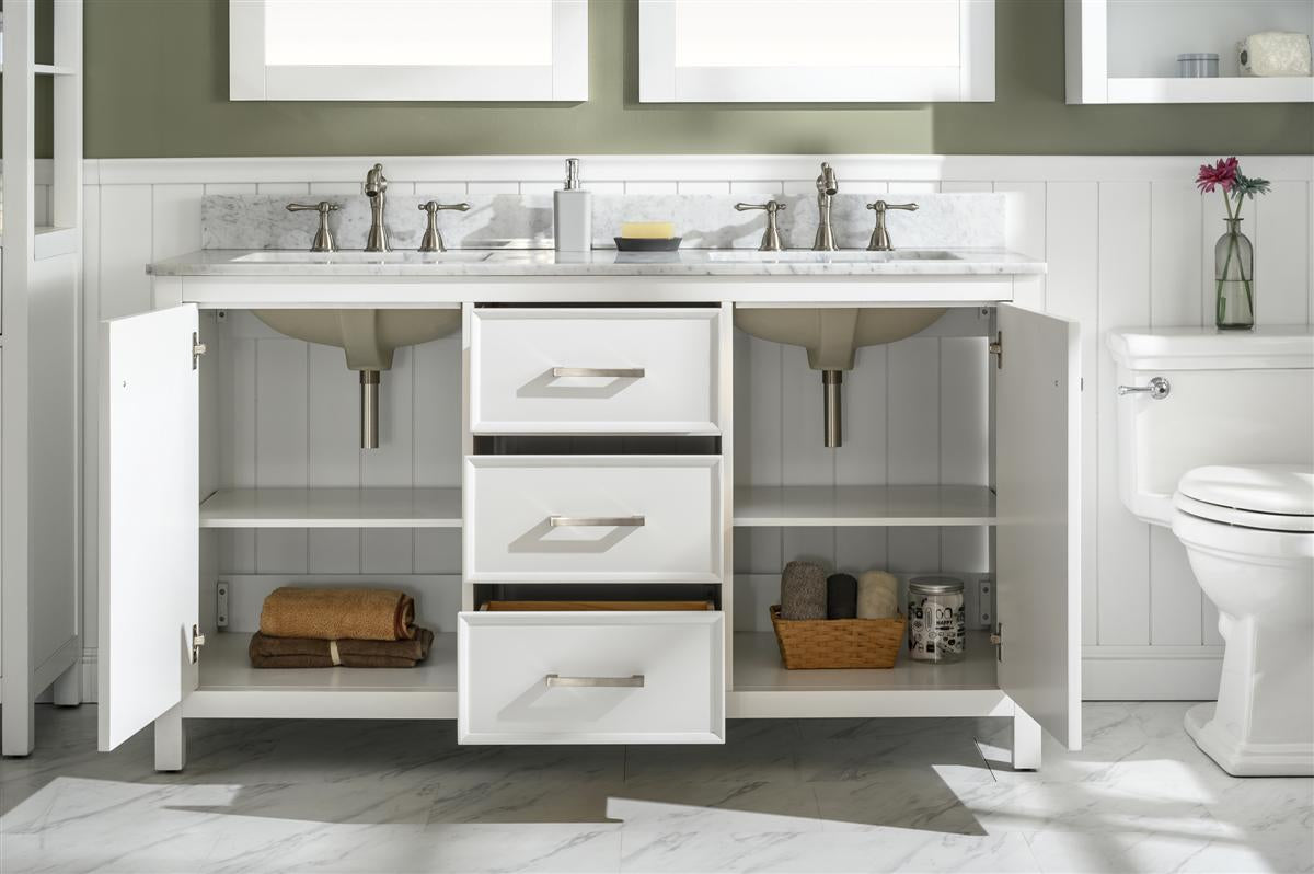 60" Double Sink Vanity Cabinet with Carrara White Marble or Blue Limestone Countertop