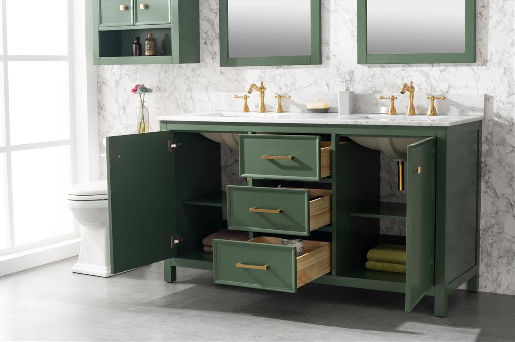 60" Double Sink Vanity Cabinet with Carrara White Marble or Blue Limestone Countertop