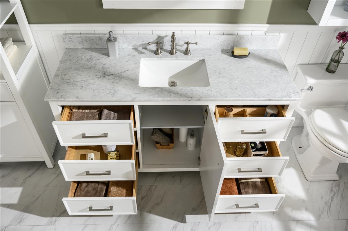 60" Single Sink Vanity Cabinet with Carrara White Marble or Blue Limestone Countertop