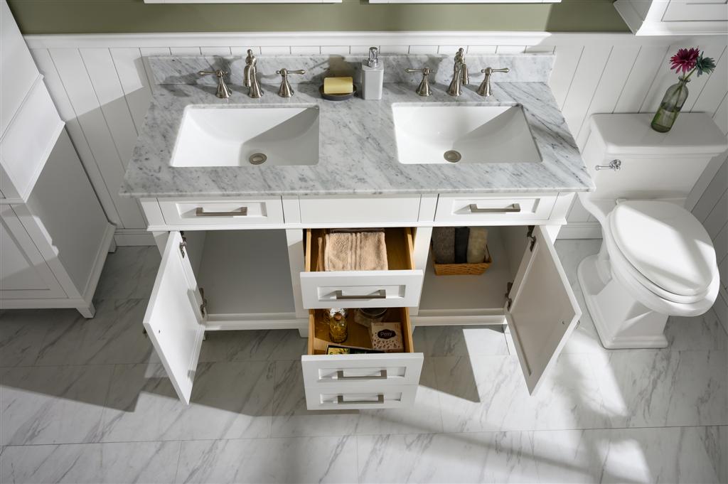 54" Double Sink Vanity Cabinet with Carrara White Marble or Blue Limestone Countertop