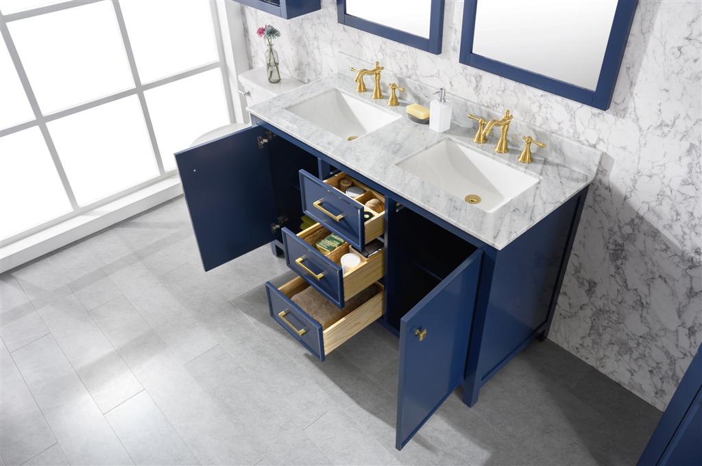 54" Double Sink Vanity Cabinet with Carrara White Marble or Blue Limestone Countertop