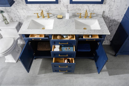 60" Double Sink Vanity Cabinet with Carrara White Marble or Blue Limestone Countertop