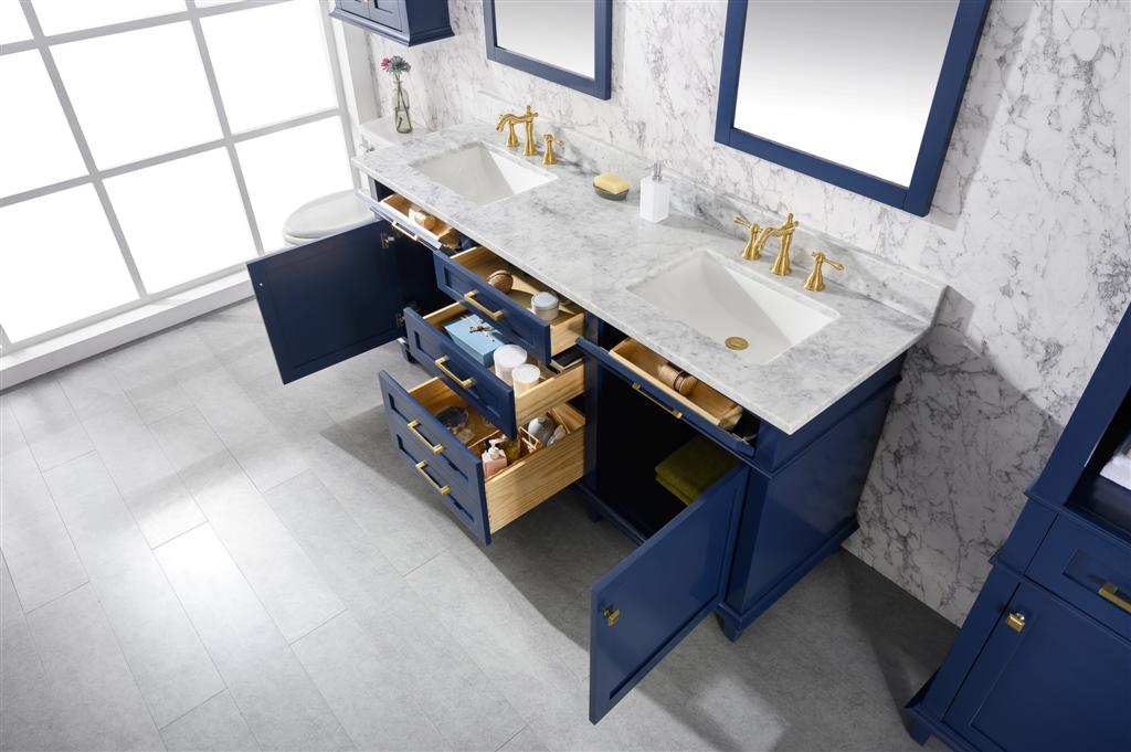 72" Double Sink Vanity Cabinet with Carrara White Marble or Blue Limestone Countertop