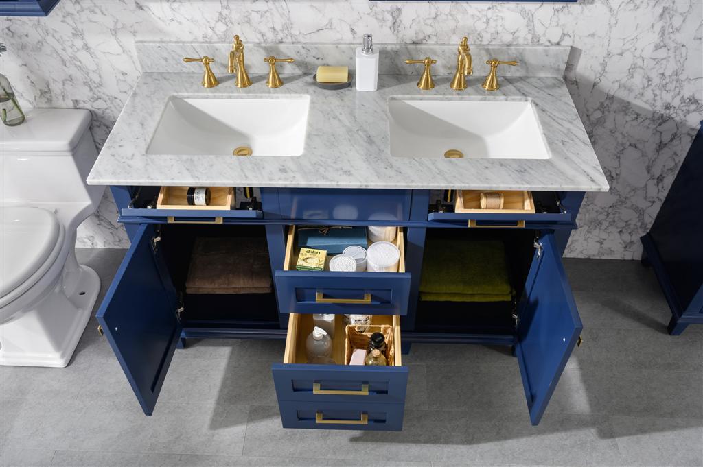 54" Double Sink Vanity Cabinet with Carrara White Marble or Blue Limestone Countertop