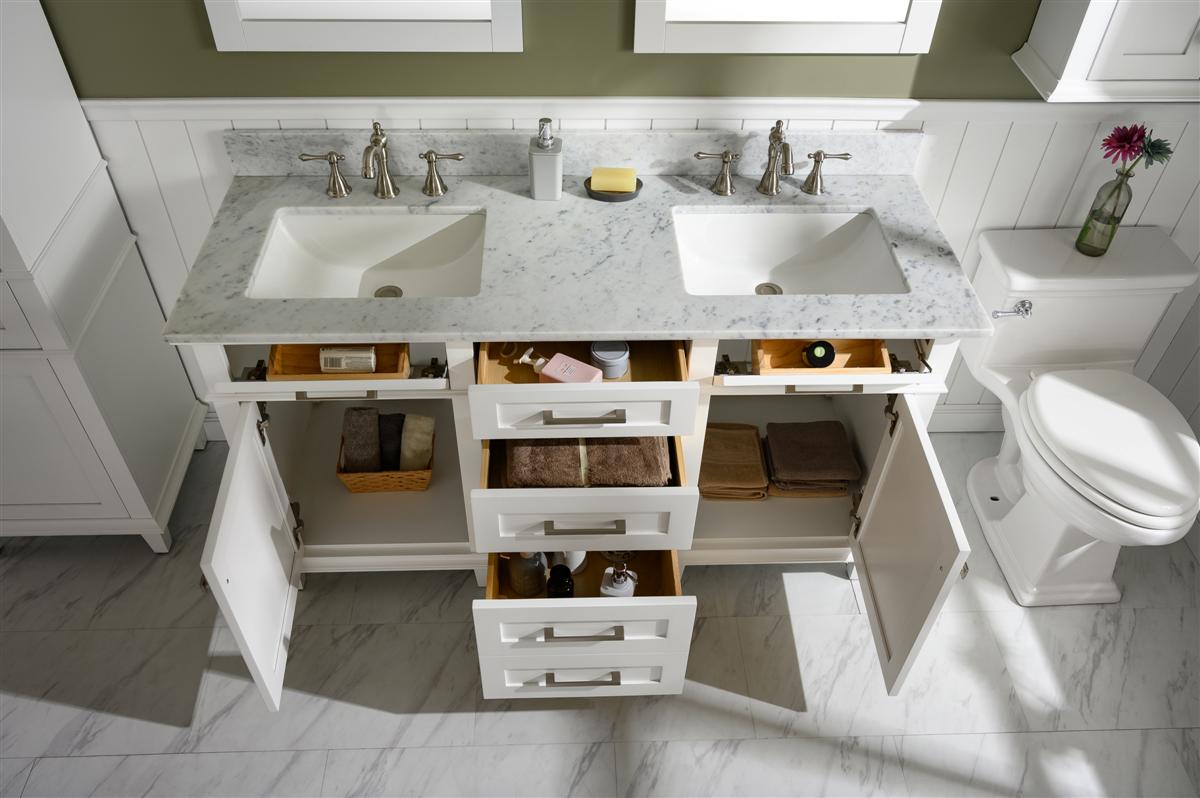 60" Double Sink Vanity Cabinet with Carrara White Marble or Blue Limestone Countertop