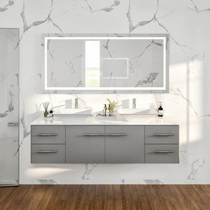 Totti Wave 60" Modern Double Sink Bathroom Vanity w/ Super White Man-Made Stone Top & Sinks