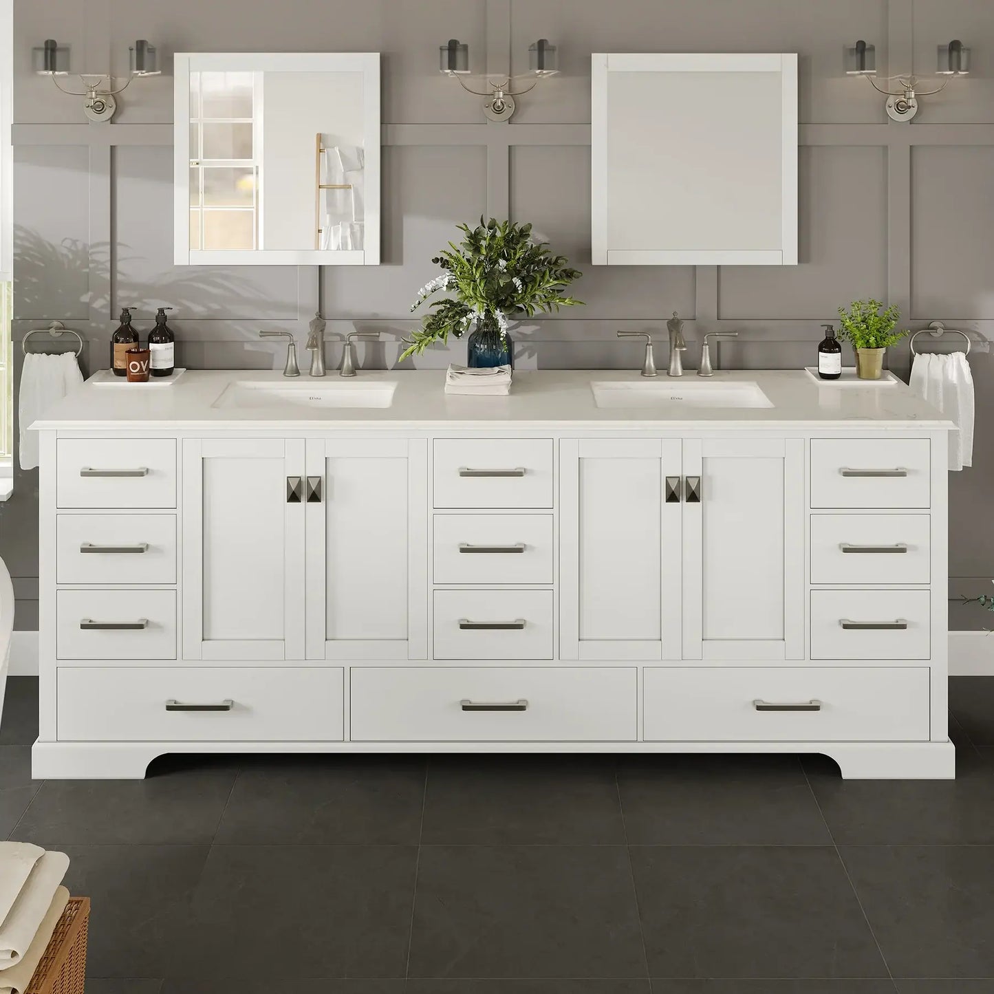 Eviva Storehouse 84 Inch Bathroom Vanity with Luxurious White Carrara Counter-Top