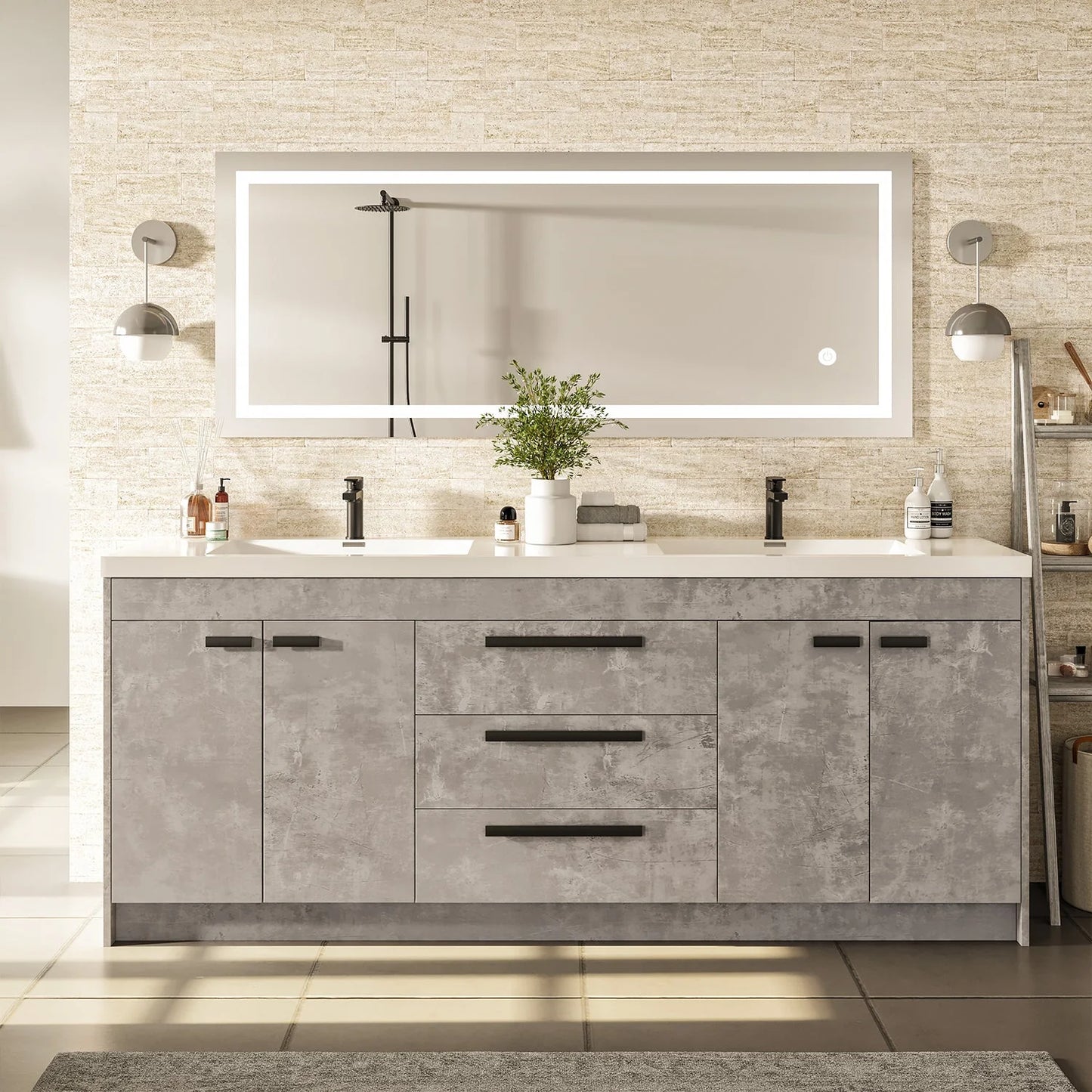 Lugano 84"W x 20"D Double Sink Bathroom Vanity with Acrylic Countertop and Integrated Sink