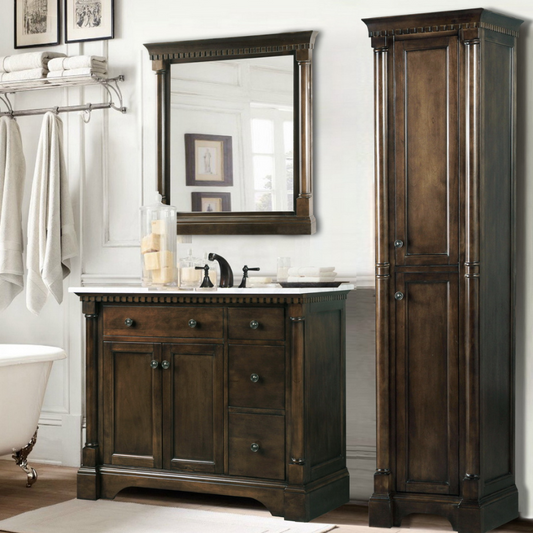 48" Antique Coffee Freestanding Single Sink Vanity with Carrara Marble White Top and Matching Backsplash