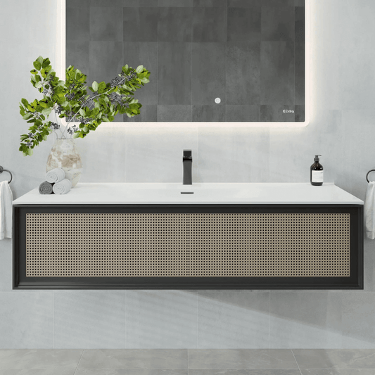 Eviva Nets 44 Inch Natural Oak and Black Wall Mount Modern Bathroom Vanity