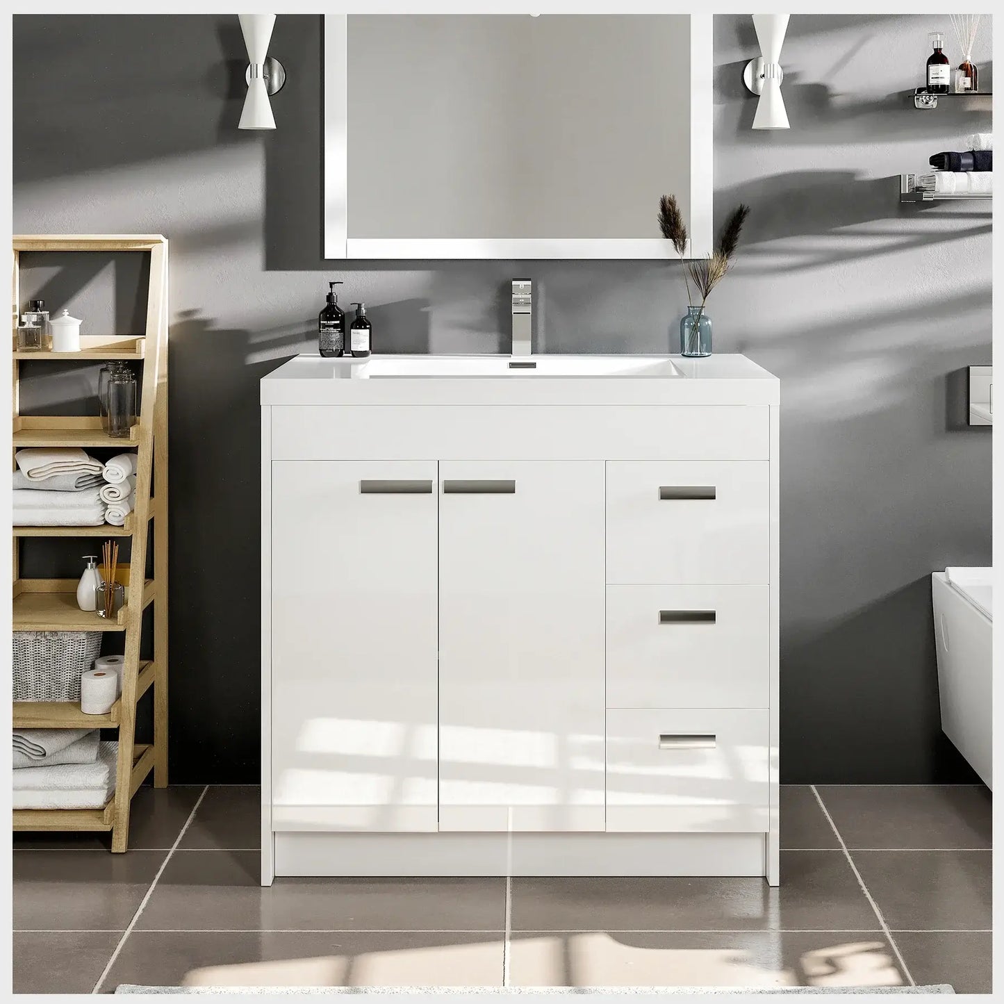 Lugano 36"W x 20"D Single Sink Bathroom Vanity with White Acrylic Countertop and Integrated Sink