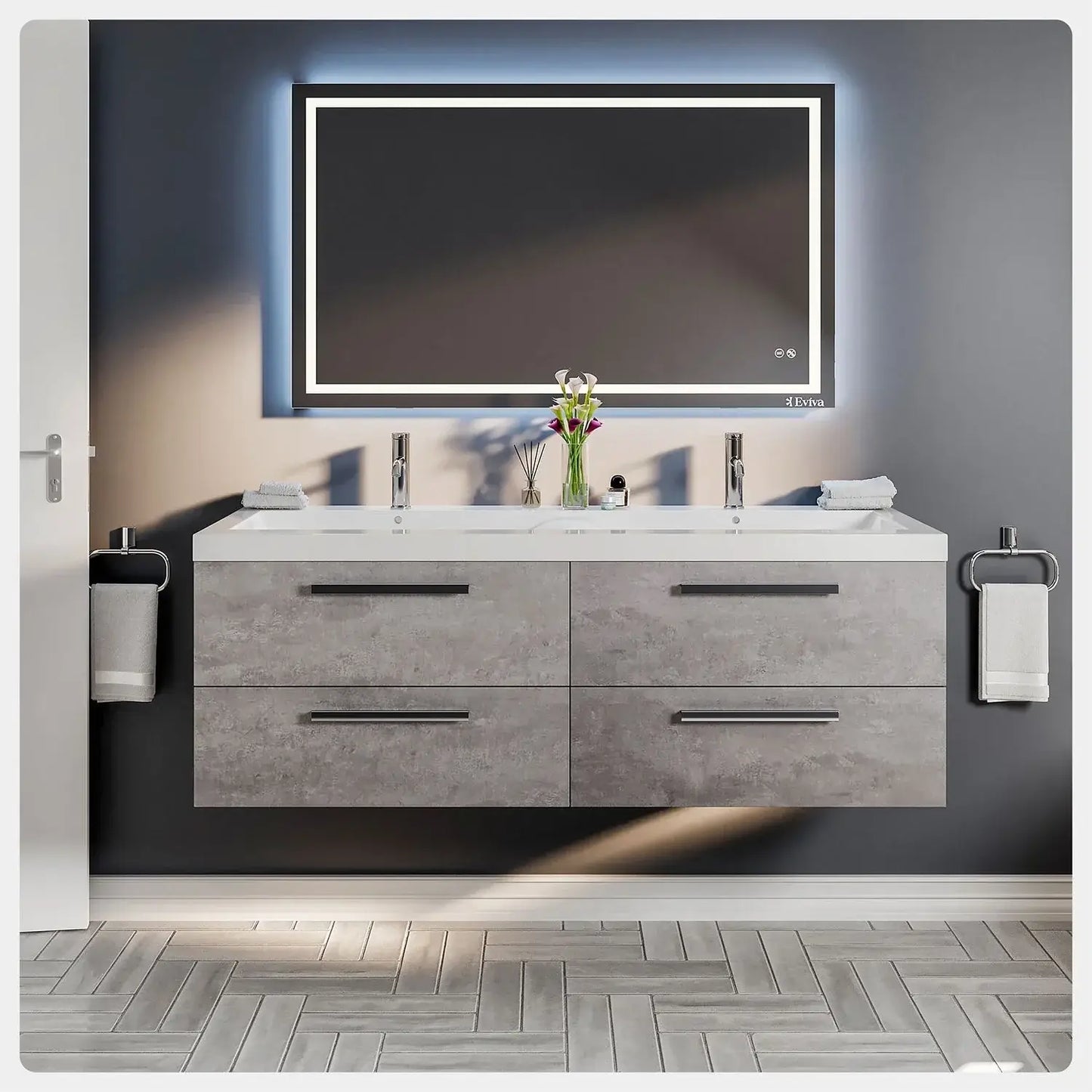 Surf 57"W x 20"D Wall Mount Double Sink Bathroom Vanity with White Acrylic Countertop and Integrated Sinks