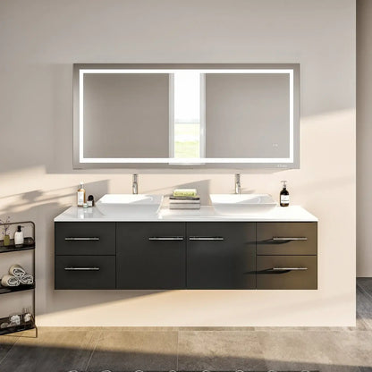 Totti Wave 60" Modern Double Sink Bathroom Vanity w/ Super White Man-Made Stone Top & Sinks