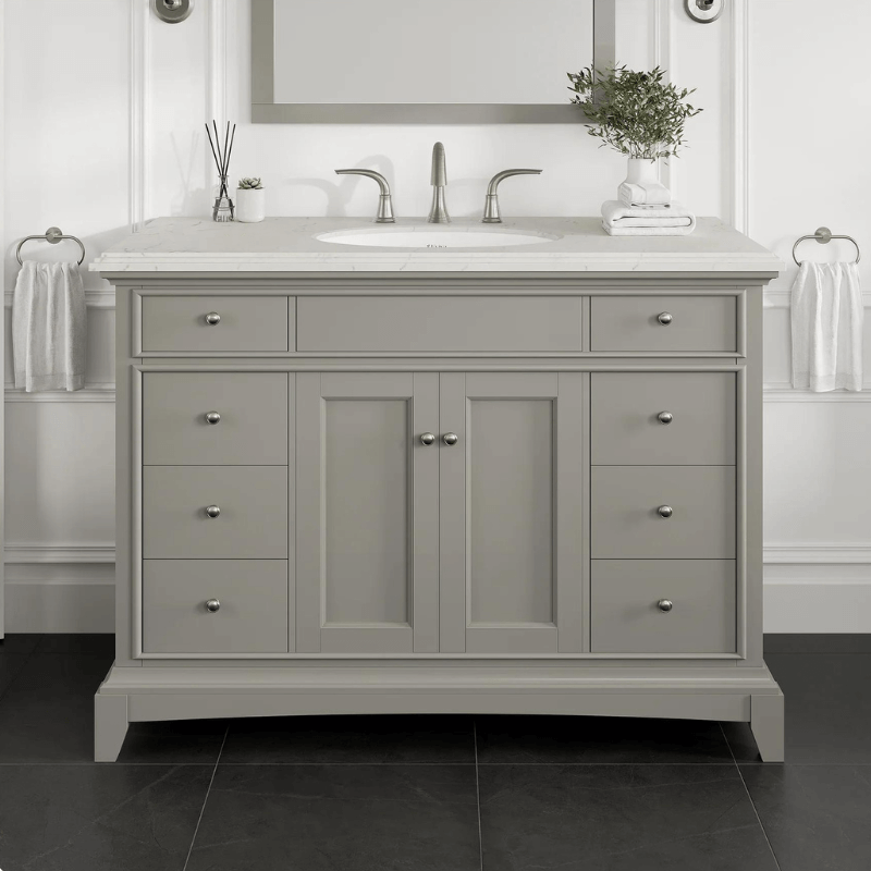 Elite Stamford 42"W x 22"D Single Sink Bathroom Vanity with White Carrara Quartz Countertop and Undermount Porcelain Sinks