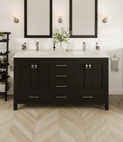 London 60"W x 18"D Double Sink Bathroom Vanity with White Carrara Quartz Countertop and Undermount Porcelain Sinks