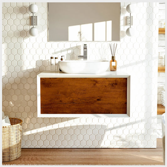 Santa Monica 36"W x 22"D Wall Mount Bathroom Vanity with Solid Surface Countertop and Vessel Solid Surface Sink