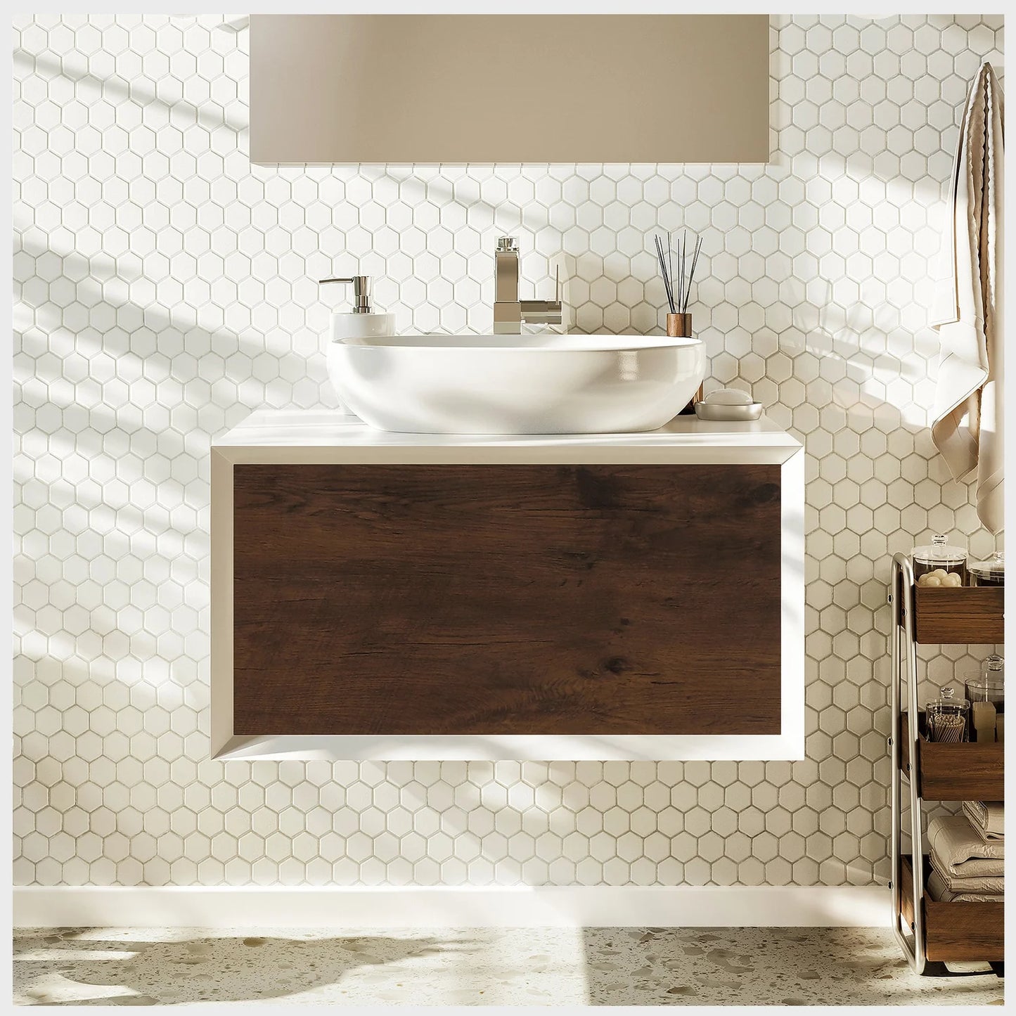 Santa Monica 30"W x 22"D Wall Mount Bathroom Vanity with Solid Surface Countertop and Vessel Solid Surface Sink