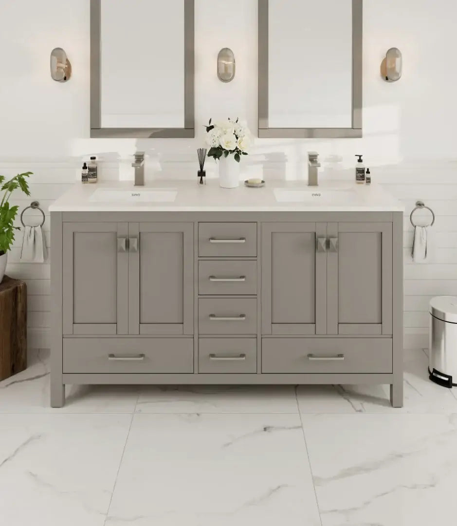 London 60"W x 18"D Double Sink Bathroom Vanity with White Carrara Quartz Countertop and Undermount Porcelain Sinks