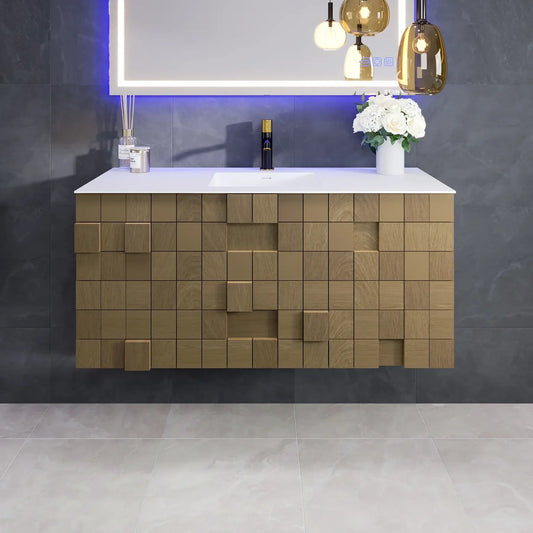 Mosaic 49"W x 18"D Natural Oak Wall Mount Bathroom Vanity with White Solid Surface Countertop and Integrated Sink