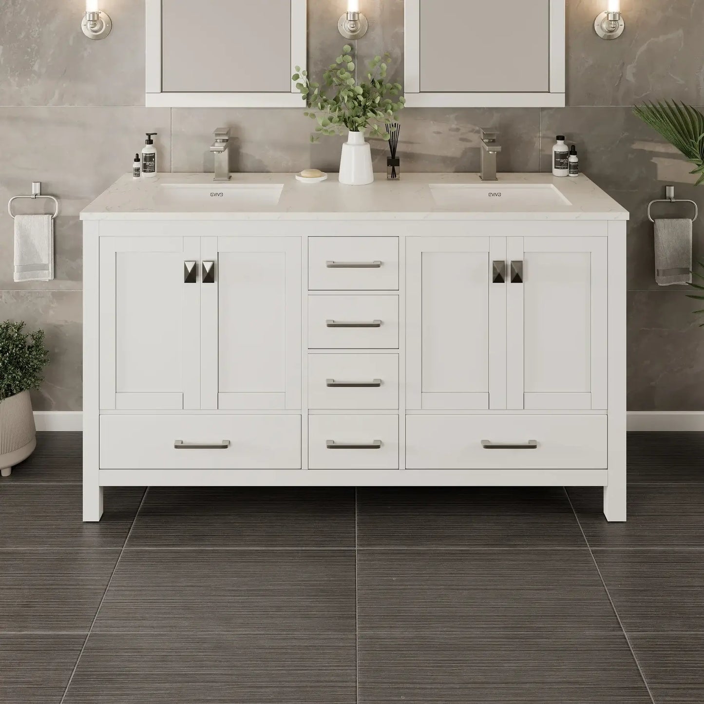 London 60"W x 18"D Double Sink Bathroom Vanity with White Carrara Quartz Countertop and Undermount Porcelain Sinks