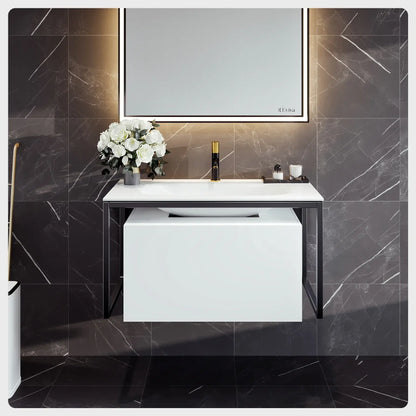 Modena 32"W x 18"D Wall Mount Bathroom Vanity with White Solid Surface Countertop and Integrated Sink