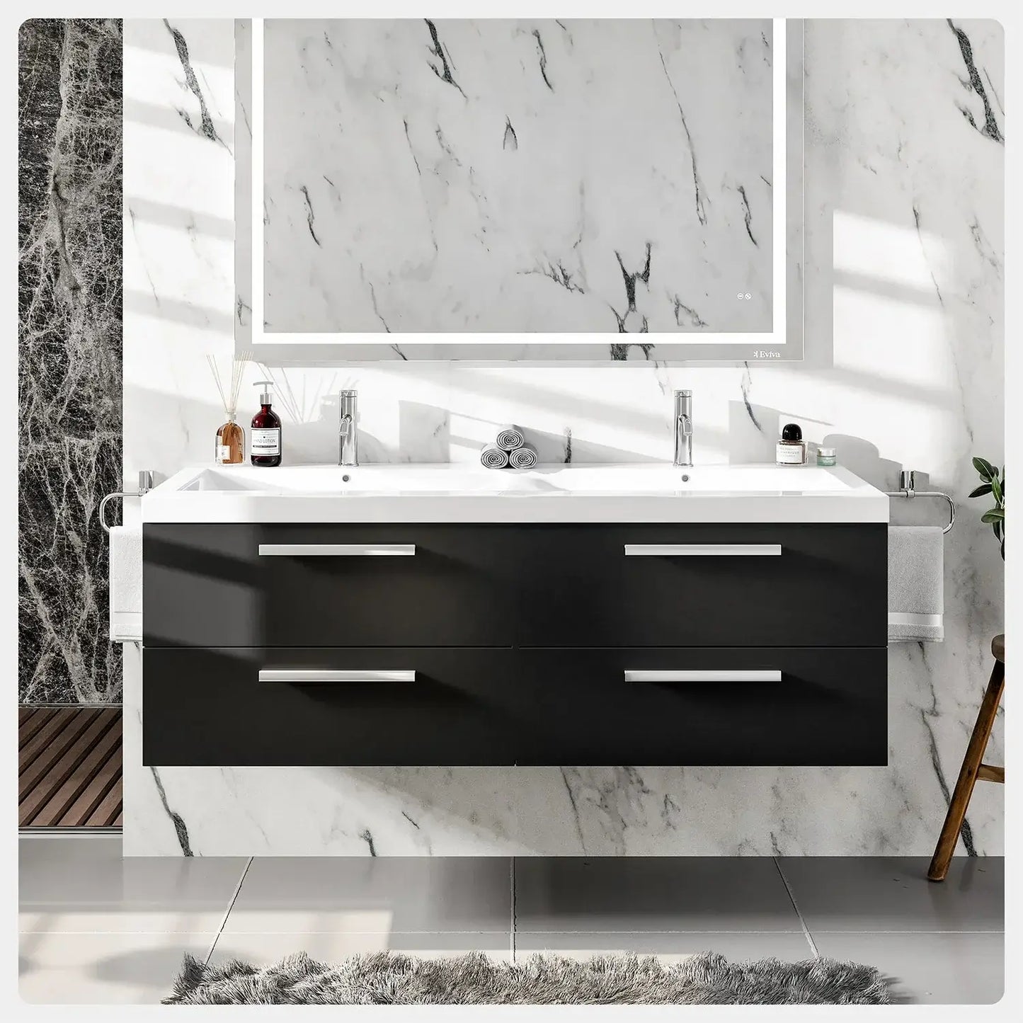 Surf 57"W x 20"D Wall Mount Double Sink Bathroom Vanity with White Acrylic Countertop and Integrated Sinks