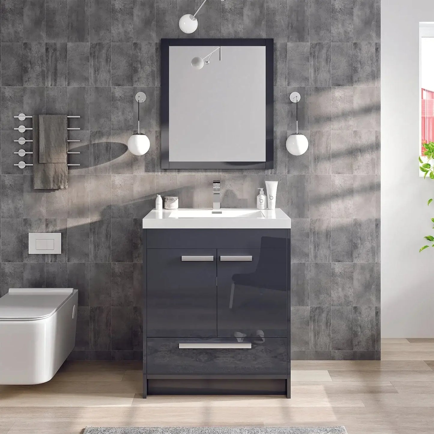 Lugano 30"W x 20"D Single Sink Bathroom Vanity with White Acrylic Countertop and Integrated Sink