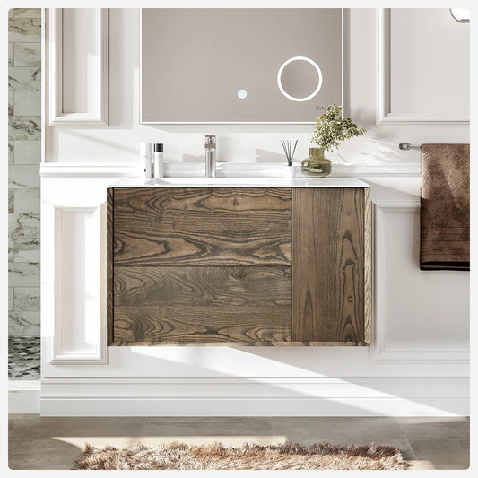 Ciocco 35"W x 20"D Walnut Wall Mount Bathroom Vanity with Solid Surface Countertop and Integrated Sink