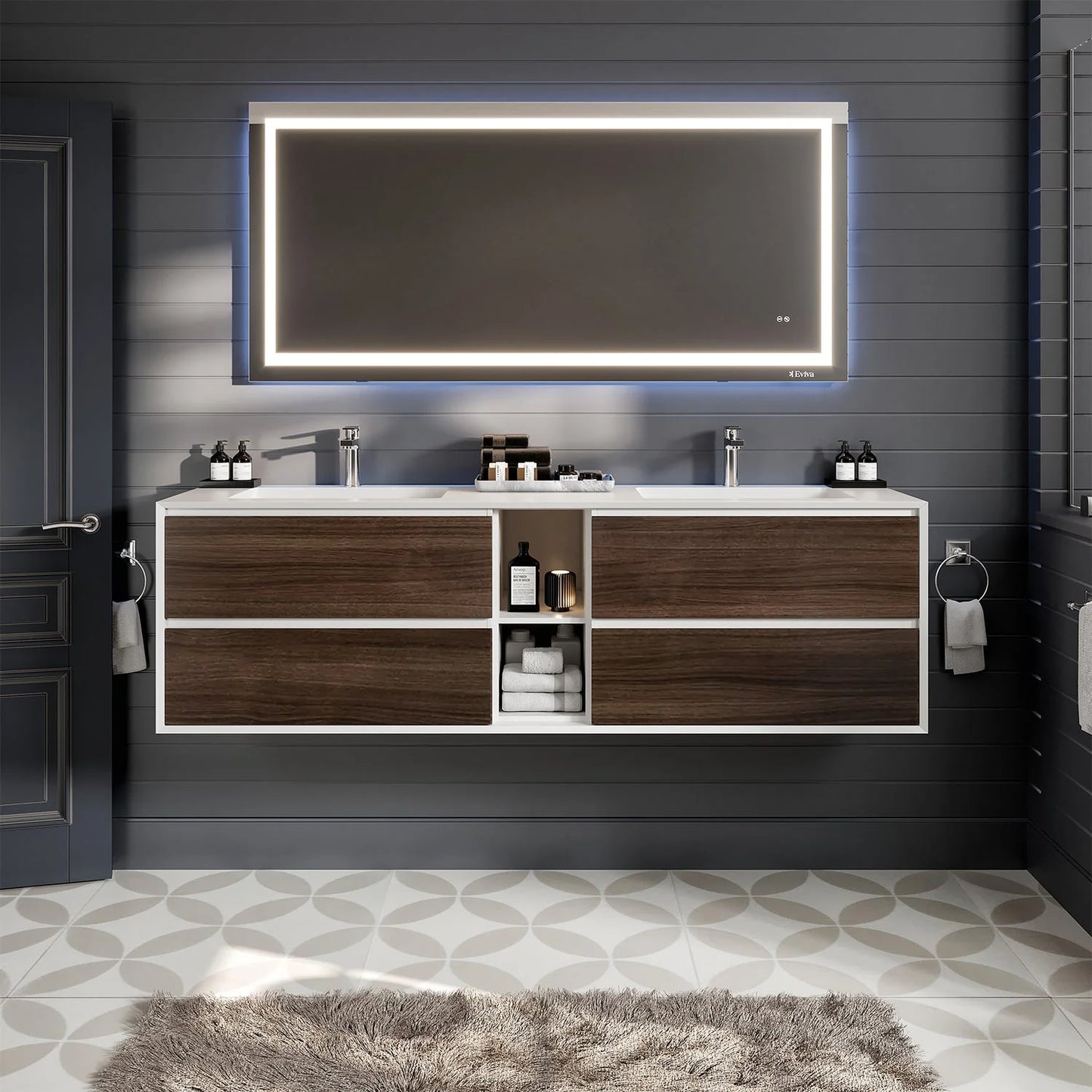 Vienna 75"W x 21"D Double Sink Wall Mount Bathroom Vanity with Acrylic Countertop and Integrated Sink