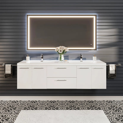 Axis 72"W x 20"D Wall Mount Double Sink Bathroom Vanity with White Acrylic Countertop and Integrated Sinks