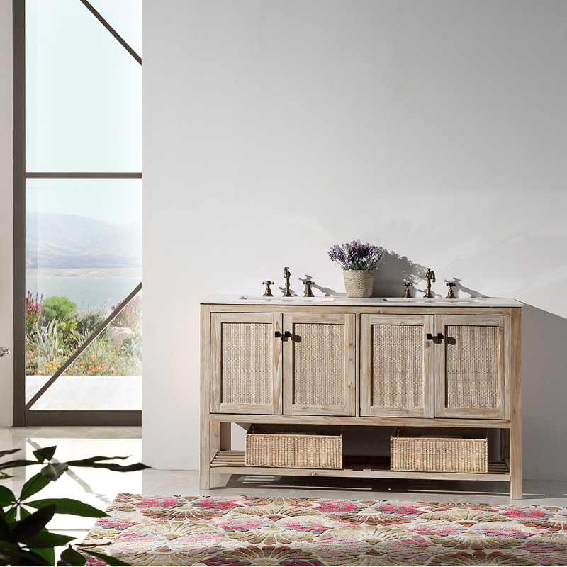 60" Solid Wood Double Sink Vanity with Marble Top