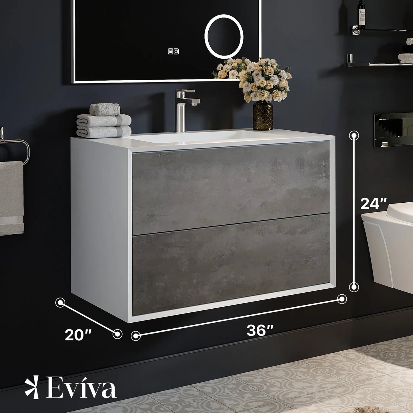 Vienna 36"W x 19"D Wall Mount Bathroom Vanity with Acrylic Countertop and Integrated Sink