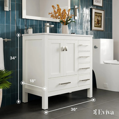 Eviva London 36" Transitional Bathroom Vanity with White Carrara Marble Countertop