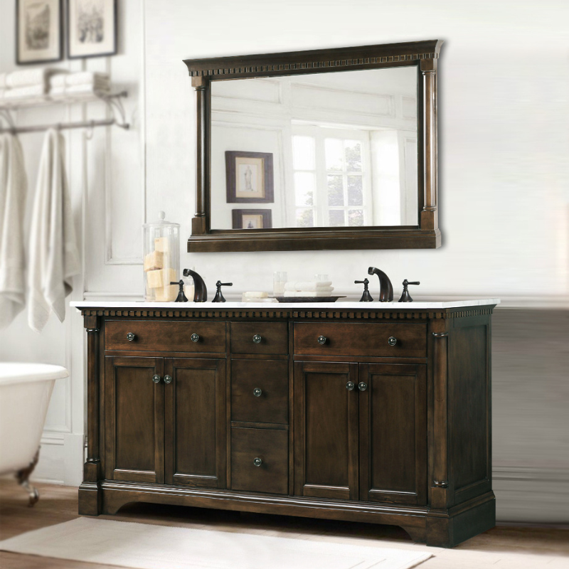 60" Antique Coffee Freestanding Double Sink Vanity with Carrara Marble White Top and Matching Backsplash