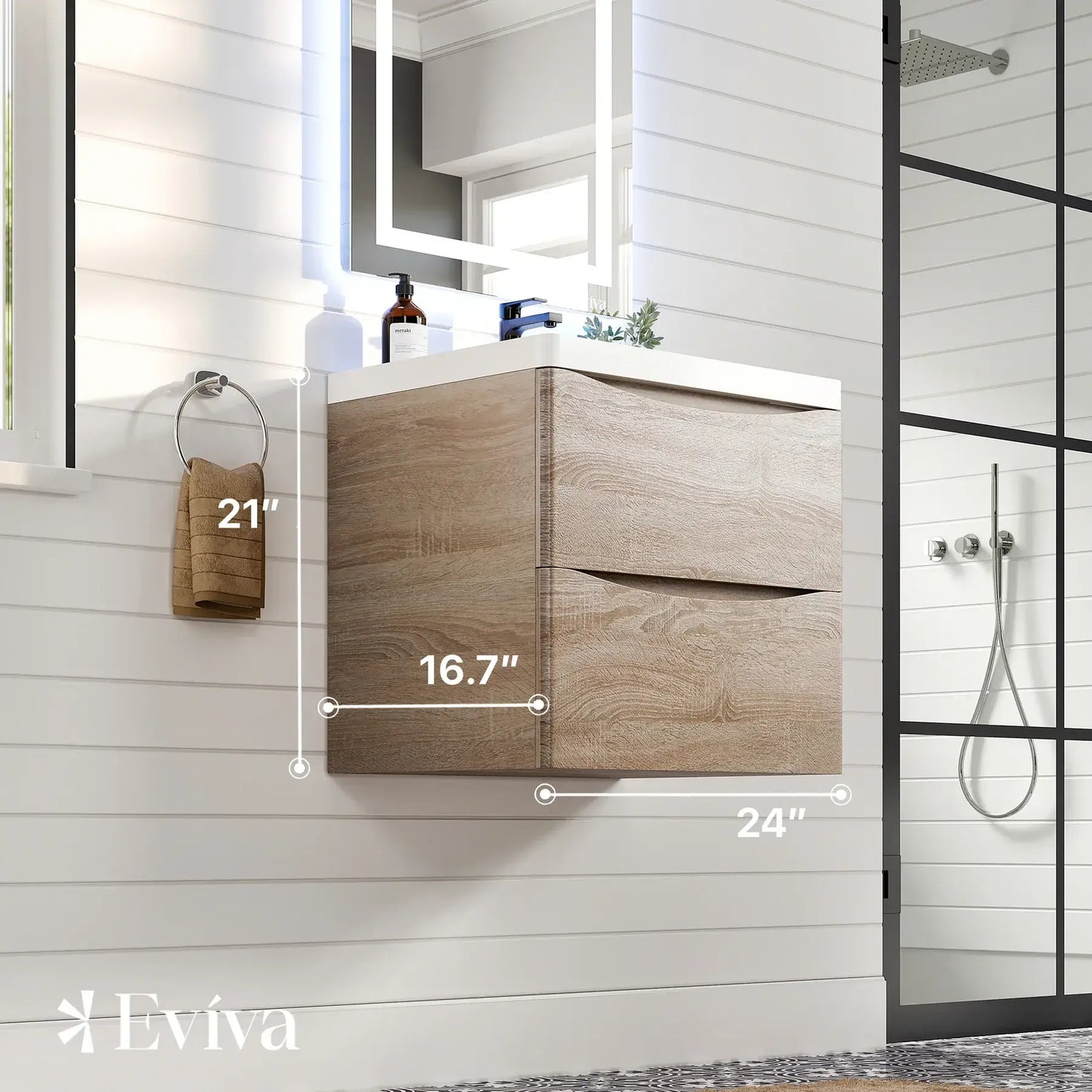 Eviva Smile 24" White Oak Wall Mount Modern Bathroom Vanity w/ White Integrated Top