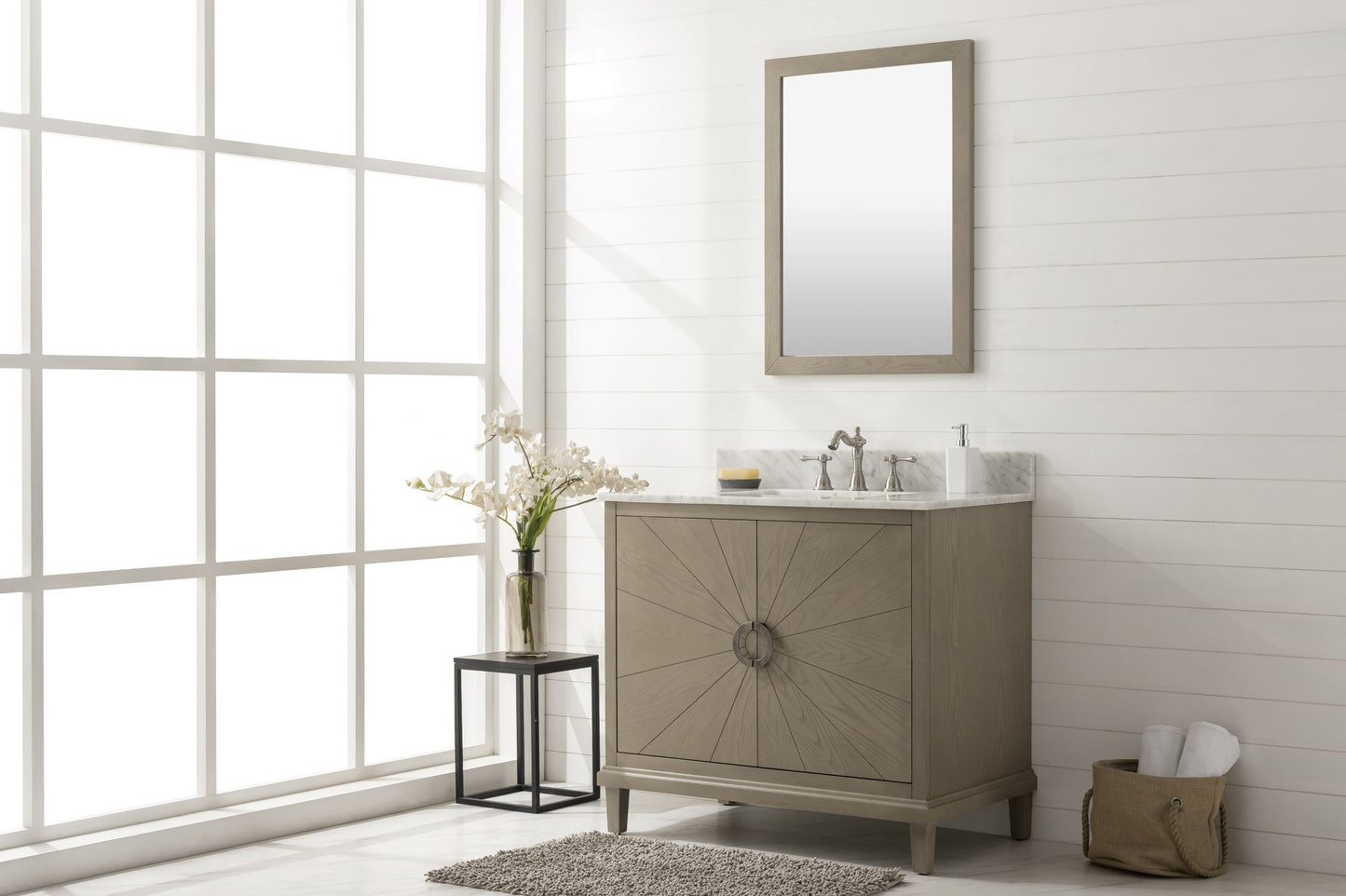 36" Antique Gray Single Sink Vanity with White Carrara Marble or Blue Limestone Top