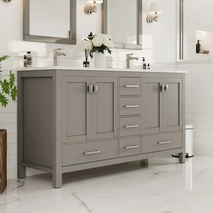 London 60"W x 18"D Double Sink Bathroom Vanity with White Carrara Quartz Countertop and Undermount Porcelain Sinks