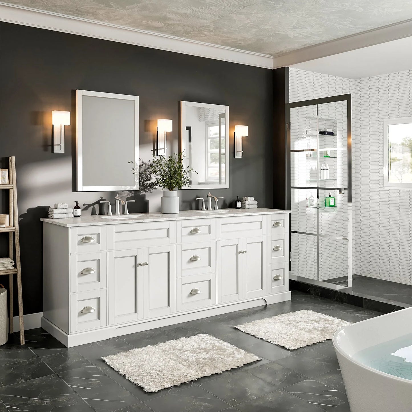 Epic 84"W x 22"D Double Sink Bathroom Vanity with Carrara Quartz Countertop and Undermount Porcelain Sink