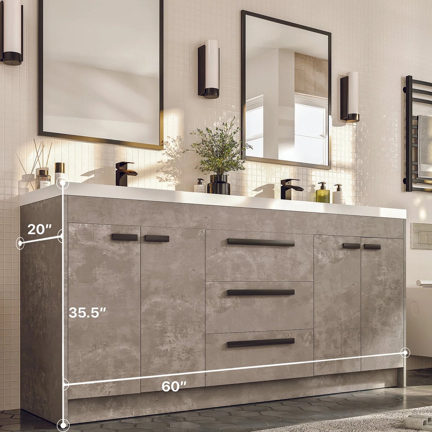 Lugano 60"W x 20"D Double Sink Bathroom Vanity with Acrylic Countertop and Integrated Sink