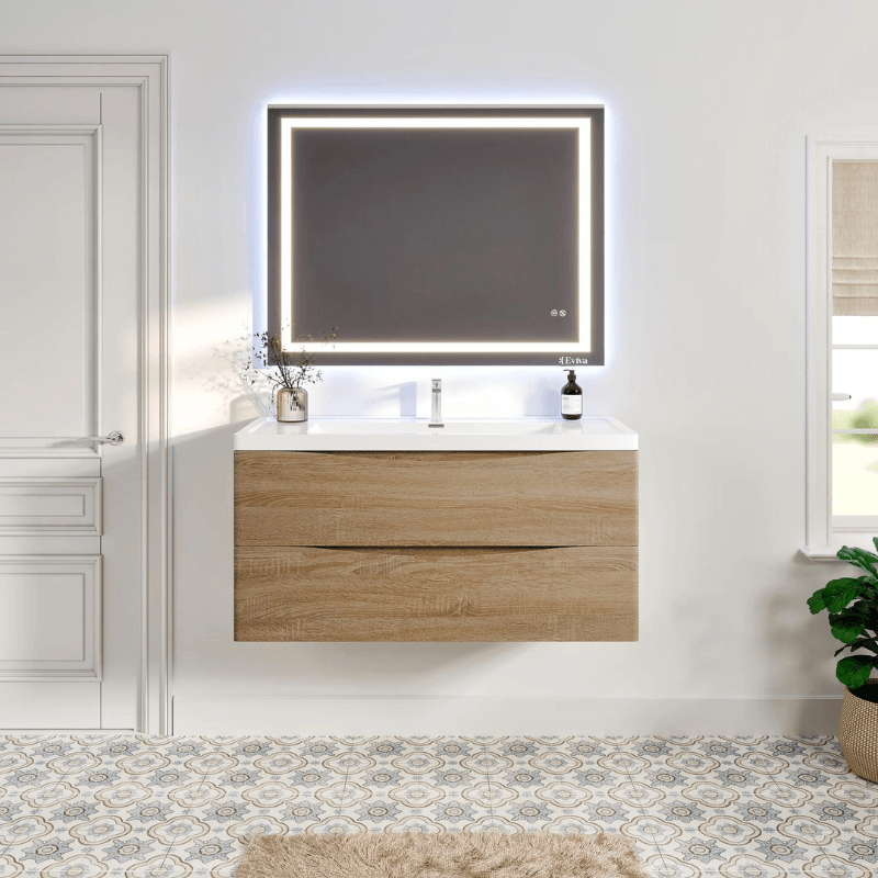 Eviva Smile 48" White Oak Wall Mount Modern Bathroom Vanity w/ White Integrated Top