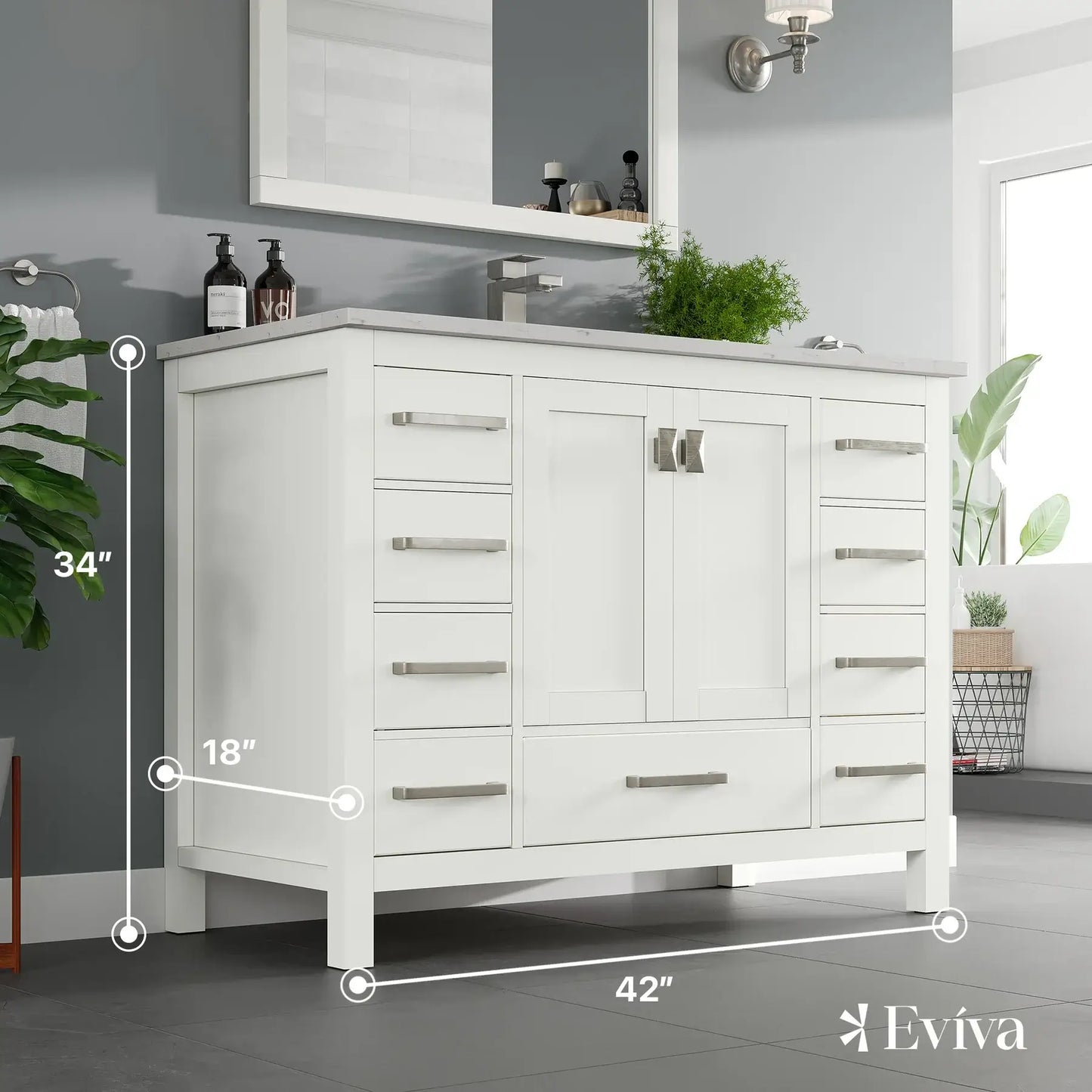 Eviva London 42 in. Transitional Bathroom Vanity with White Carrara Marble Countertop