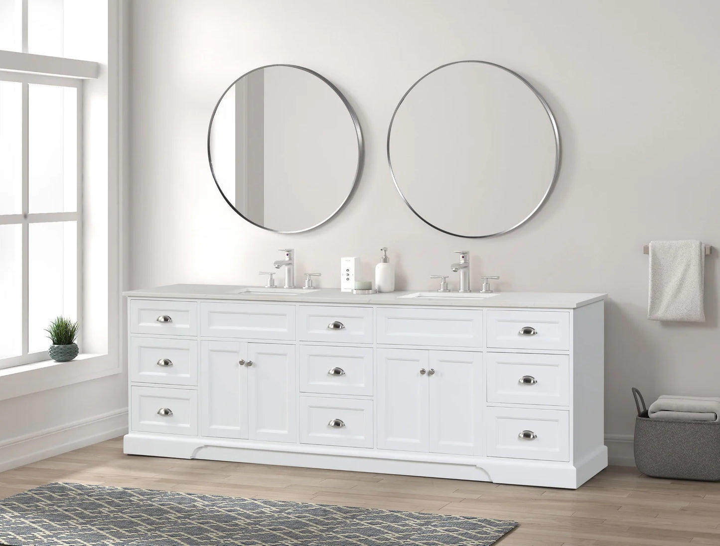 Epic 96"W x 22"D Double Sink Bathroom Vanity with Carrara Quartz Countertop and Undermount Porcelain Sink