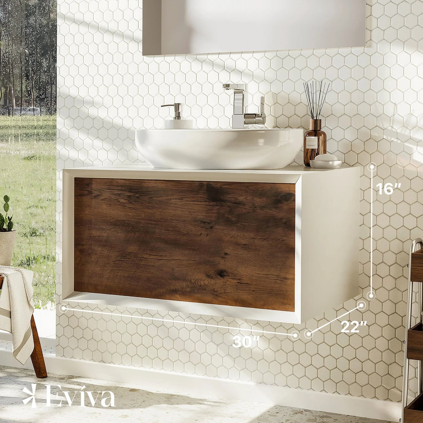 Santa Monica 30"W x 22"D Wall Mount Bathroom Vanity with Solid Surface Countertop and Vessel Solid Surface Sink