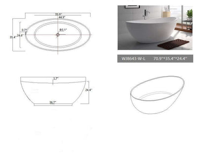 71" Freestanding White Matte Solid Surface Bathtub