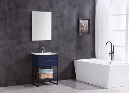 24" Blue Single Sink Freestanding Bathroom Vanity with Black Metal Frame - PVC and Integrated Ceramic