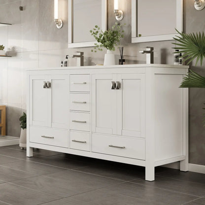 London 60"W x 18"D Double Sink Bathroom Vanity with White Carrara Quartz Countertop and Undermount Porcelain Sinks